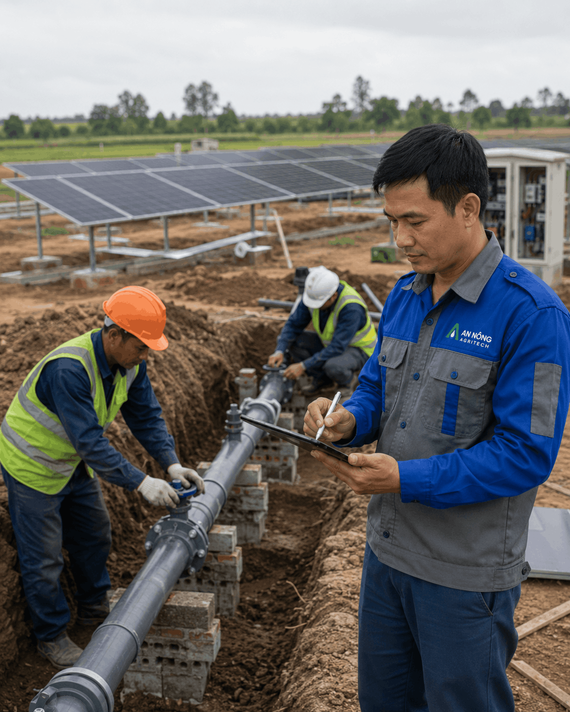 a nông agritech giám sát tiến độ dự án hệ thống tưới - điện mặt trời chặt chẽ và bán sát công trình