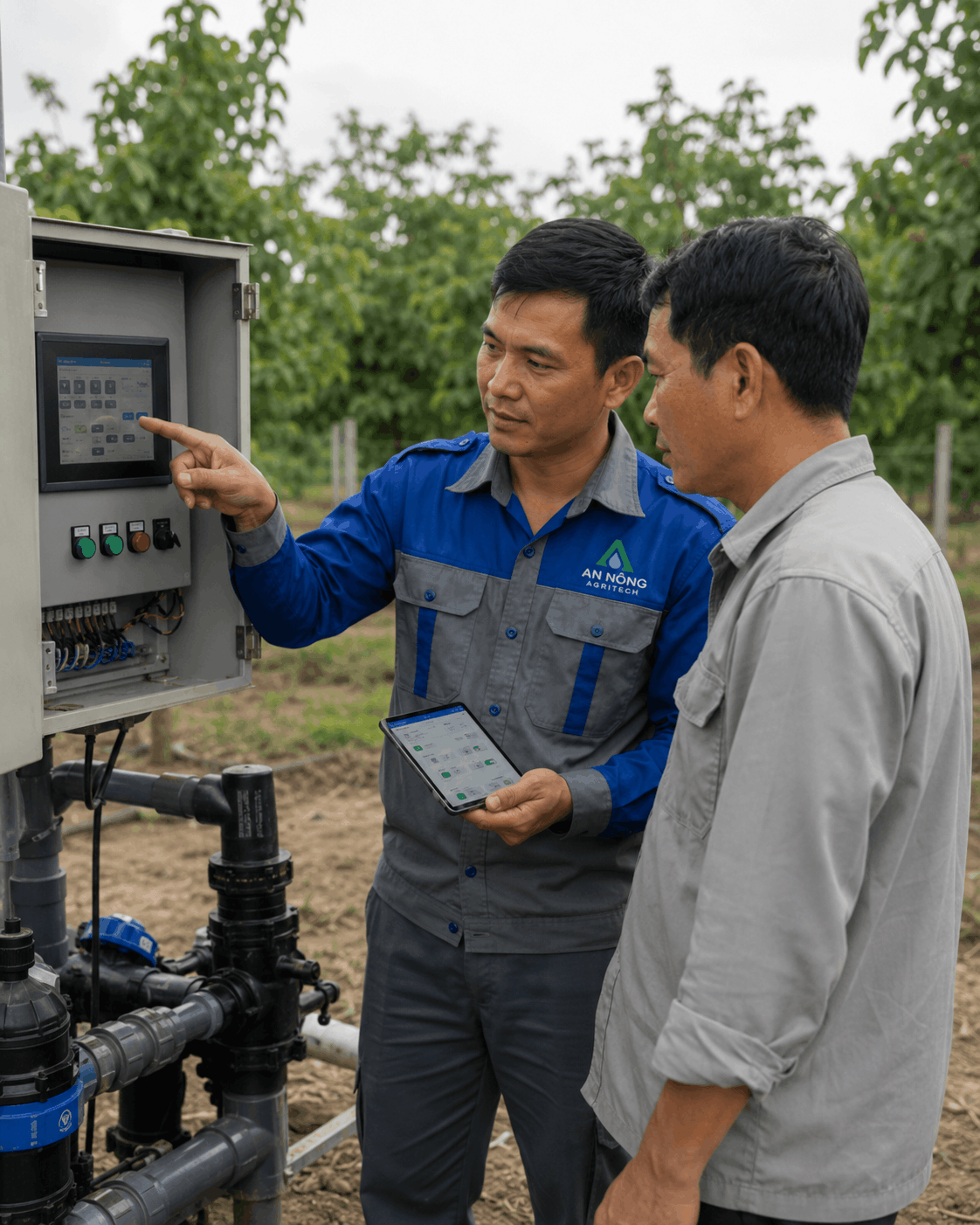 an nông agritech hướng dẫn lắp đặt và vận hành hệ thống tưới - điện mặt trời cho khách hàng