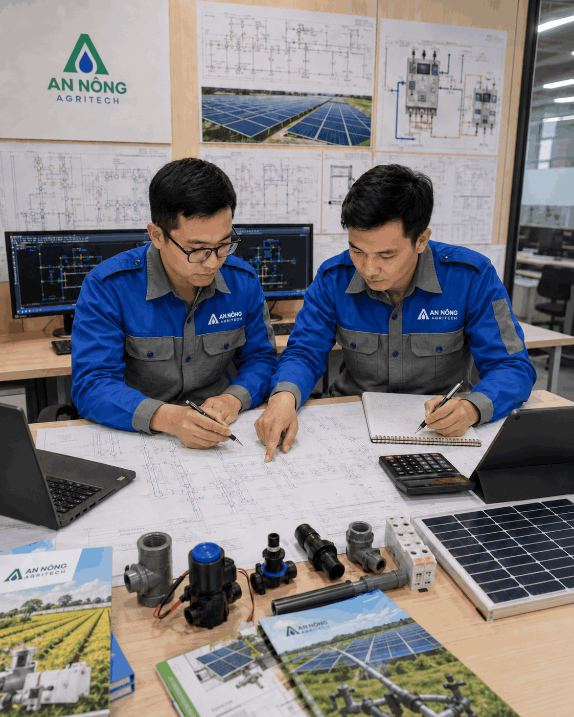 đội ngũ nhân sự phòng kỹ thuật - bóc tách vật tư hệ thống tưới - điện mặt trời