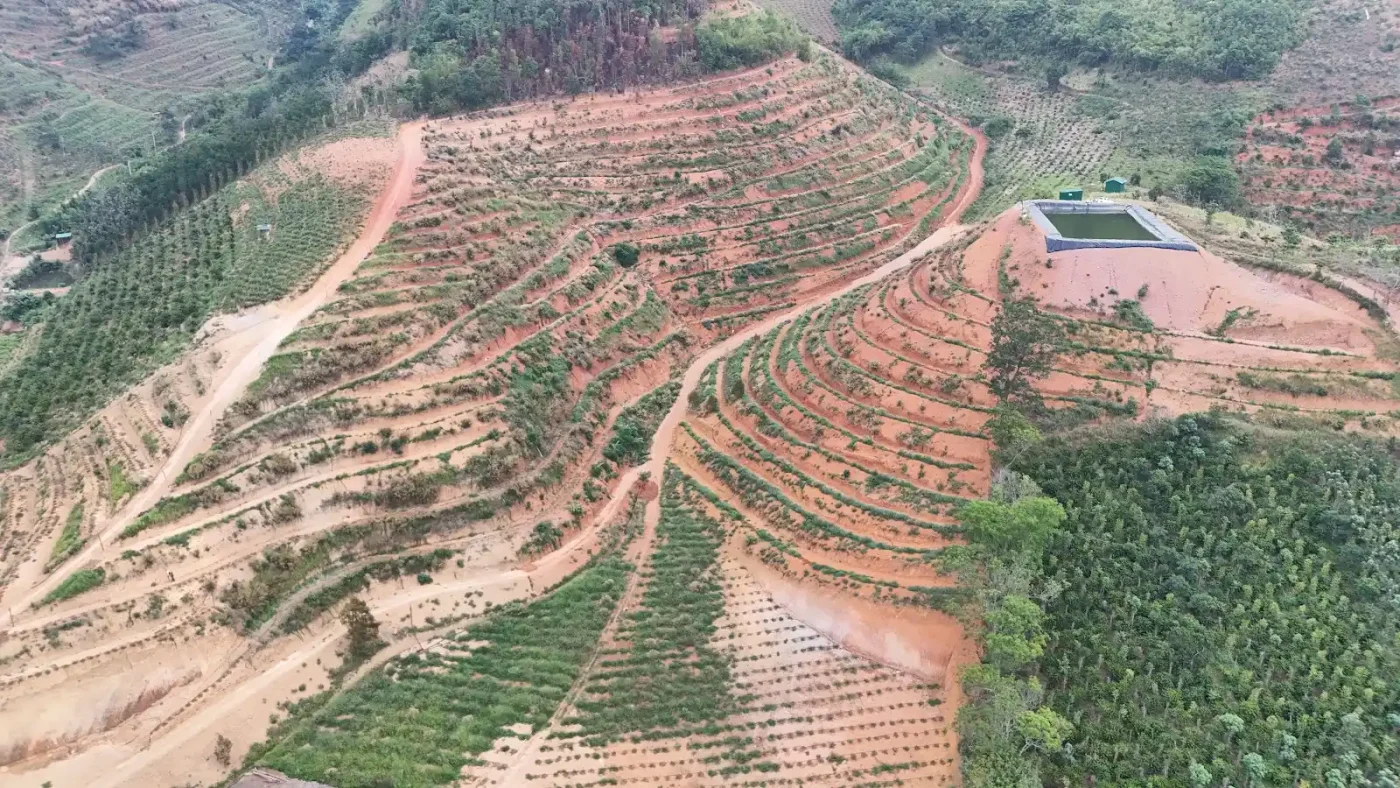 Địa hình đồi dốc và hồ chứa farm cà phê Phú Đắk Song